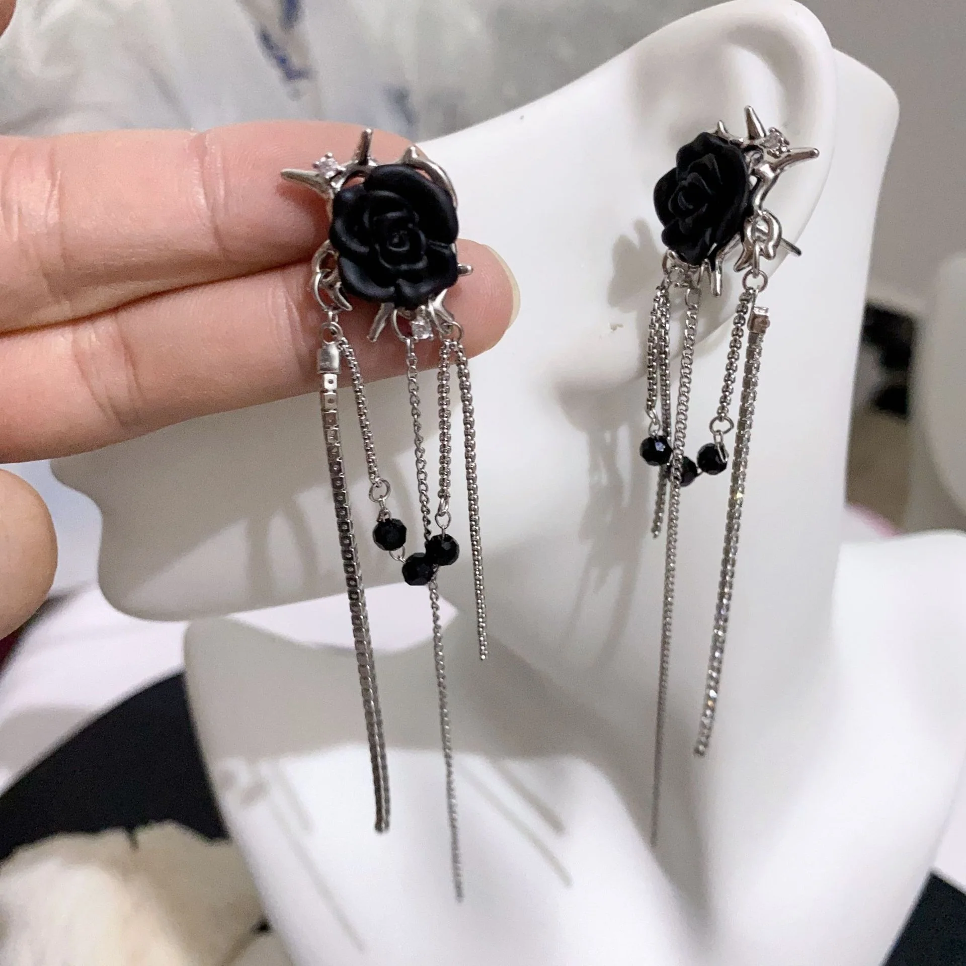 Gothic Rose Tassel Style Zircon Non Pierced Earrings - Image 4
