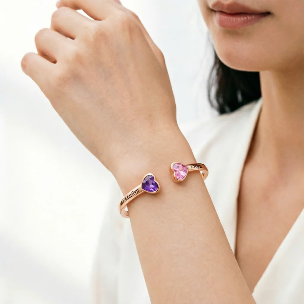 Mother And Daughter Double Heart Custom Birthstone&Name Bracelet - Image 4