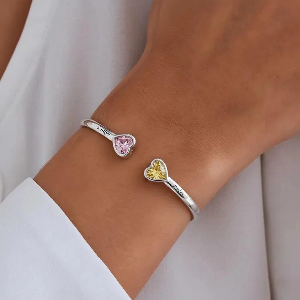 Mother And Daughter Double Heart Custom Birthstone&Name Bracelet - Image 2