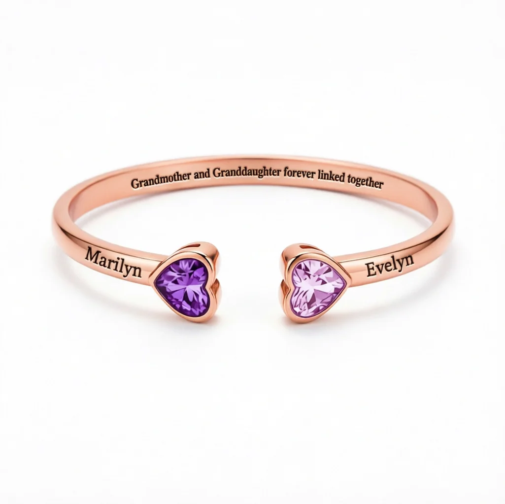 GRANDMOTHER AND GRANDDAUGHTER DOUBLE HEART CUSTOM BIRTHSTONE&NAME BRACELET - Image 4