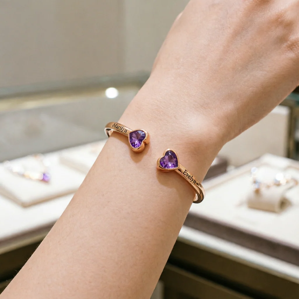 Mother And Daughter Double Heart Custom Birthstone&Name Bracelet - Image 3