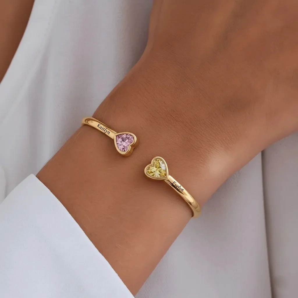 Mother And Daughter Double Heart Custom Birthstone&Name Bracelet - Image 6