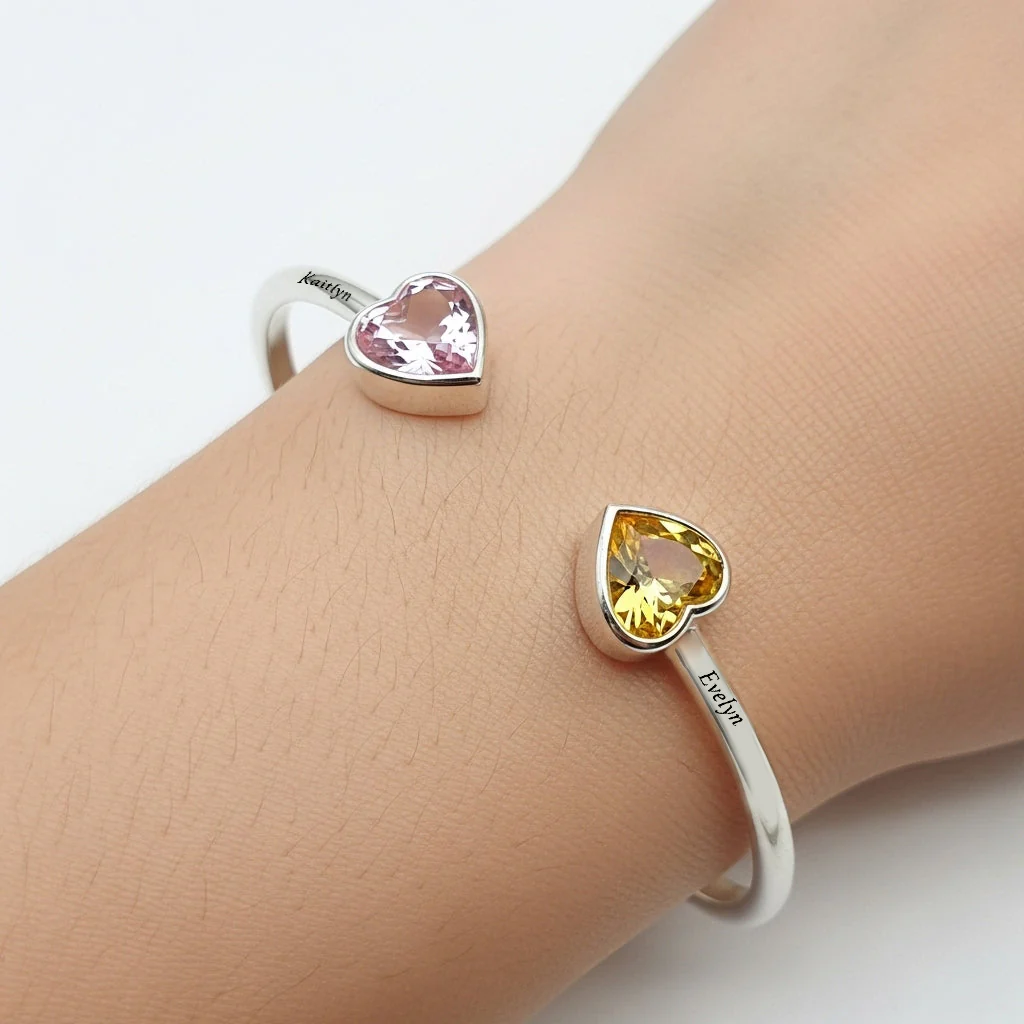 Mother And Daughter Double Heart Custom Birthstone&Name Bracelet - Image 9