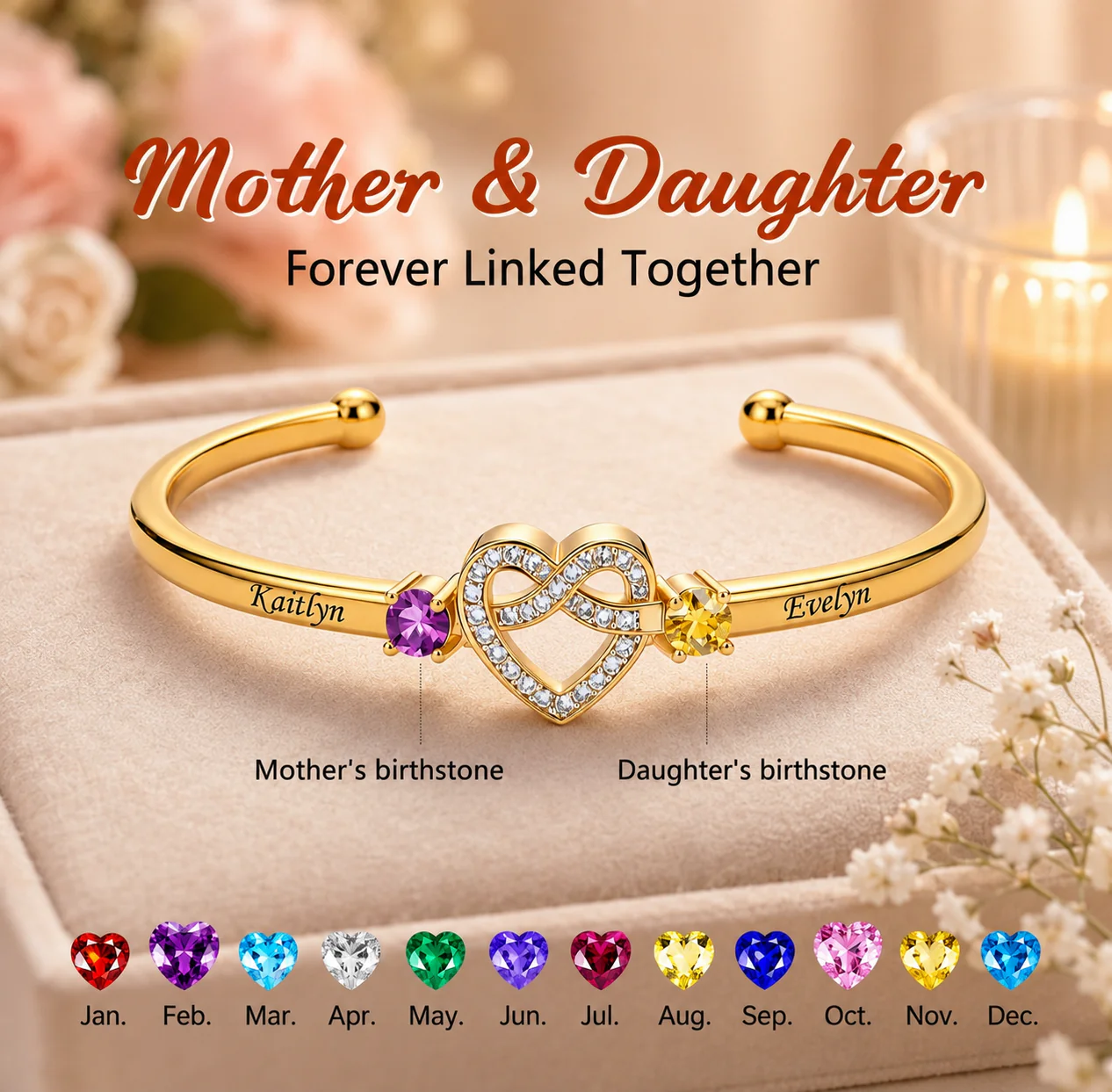 Mother And Daughter Heart Custom Birthstone&Name Bracelet - Image 3