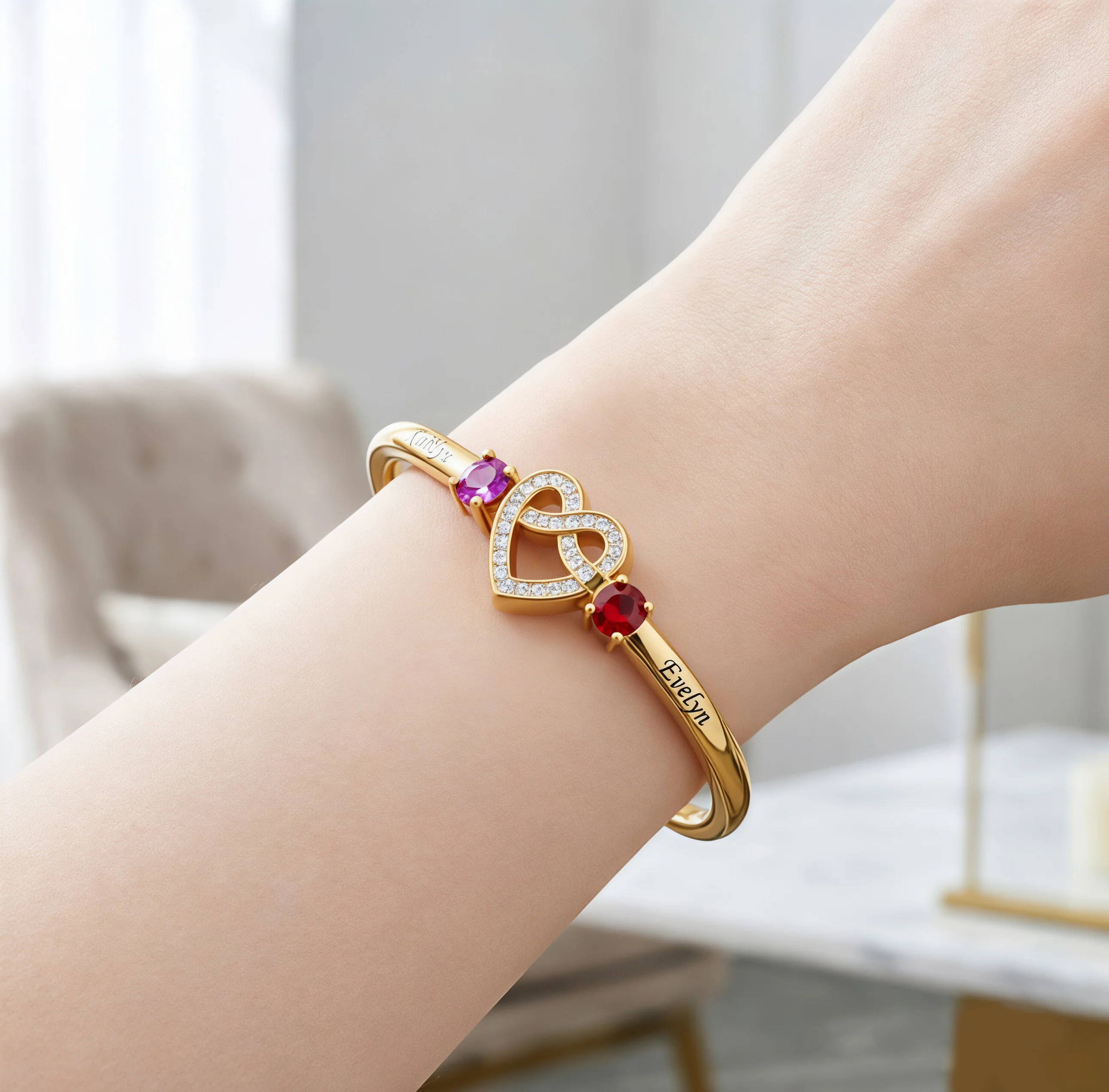 Mother And Daughter Heart Custom Birthstone&Name Bracelet - Image 5