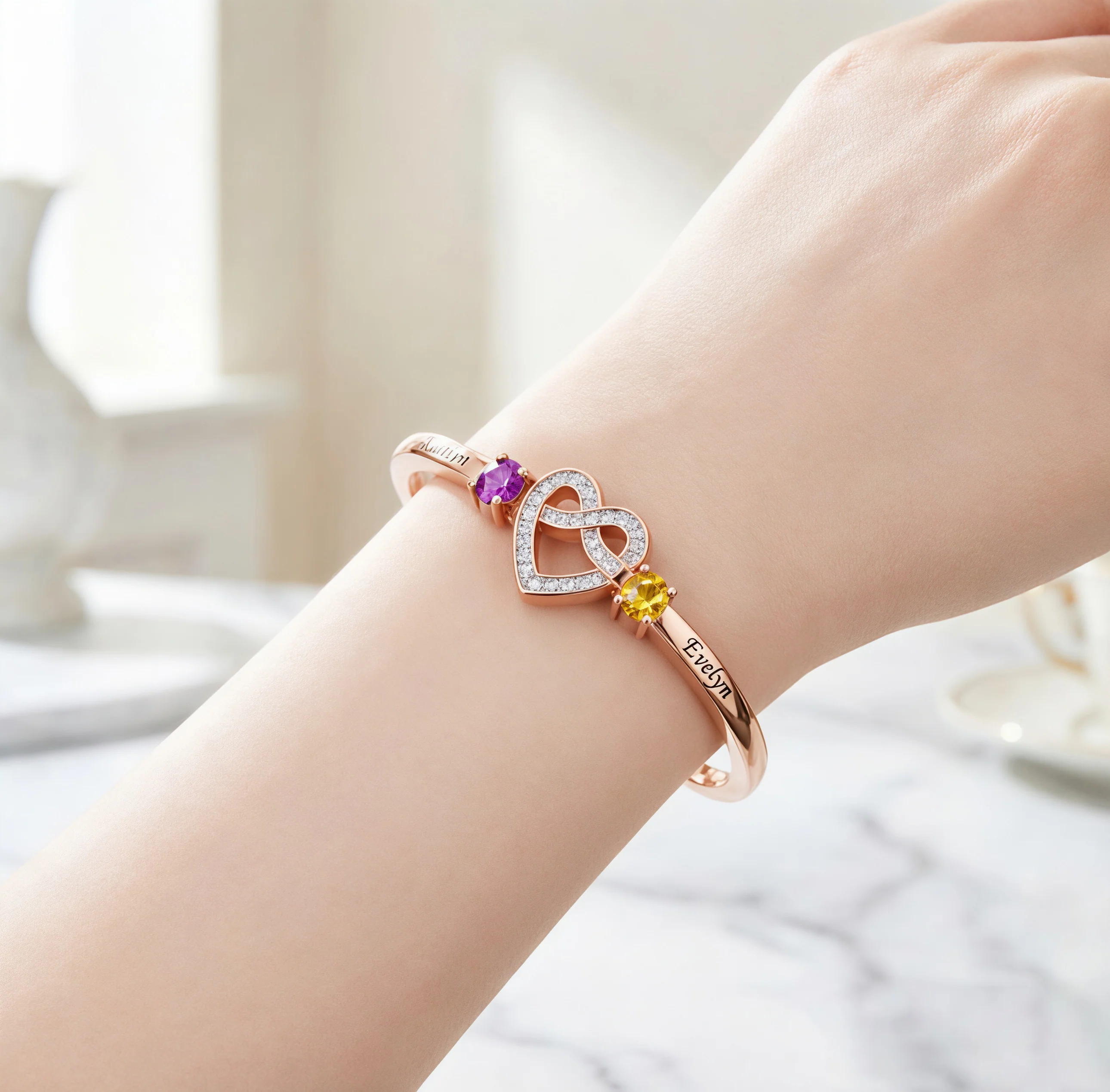 Mother And Daughter Heart Custom Birthstone&Name Bracelet - Image 6