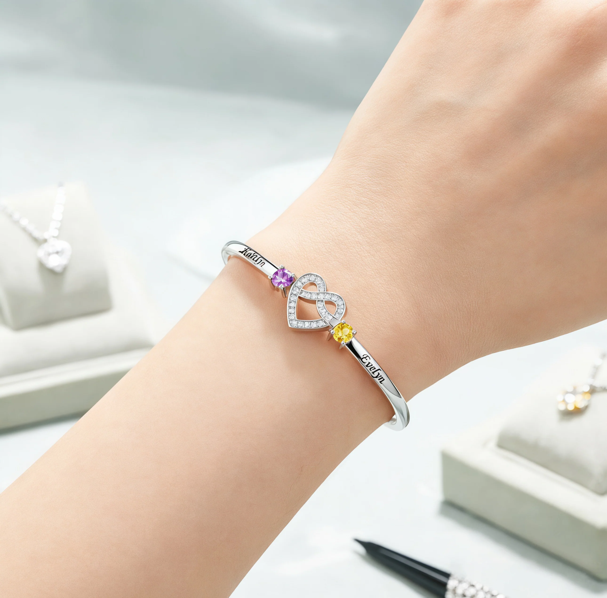 Mother And Daughter Heart Custom Birthstone&Name Bracelet - Image 8