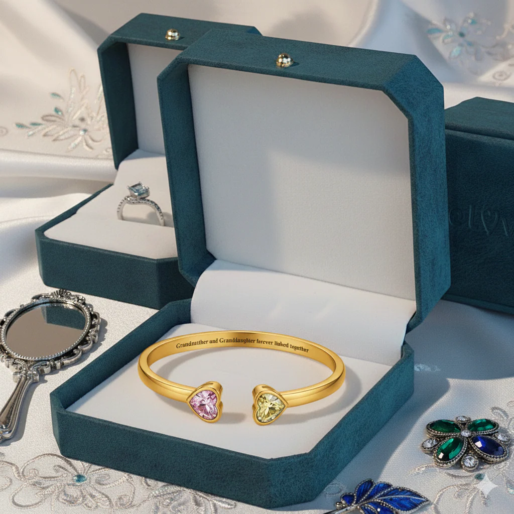 Grandmother&Granddaughter Double Heart Custom Birthstones Bracelet - Image 10
