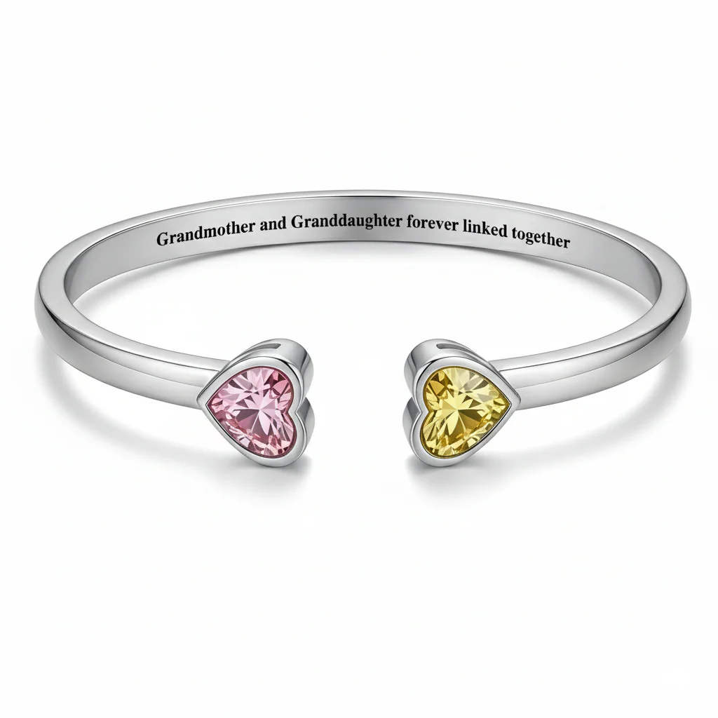 Grandmother&Granddaughter Double Heart Custom Birthstones Bracelet - Image 5