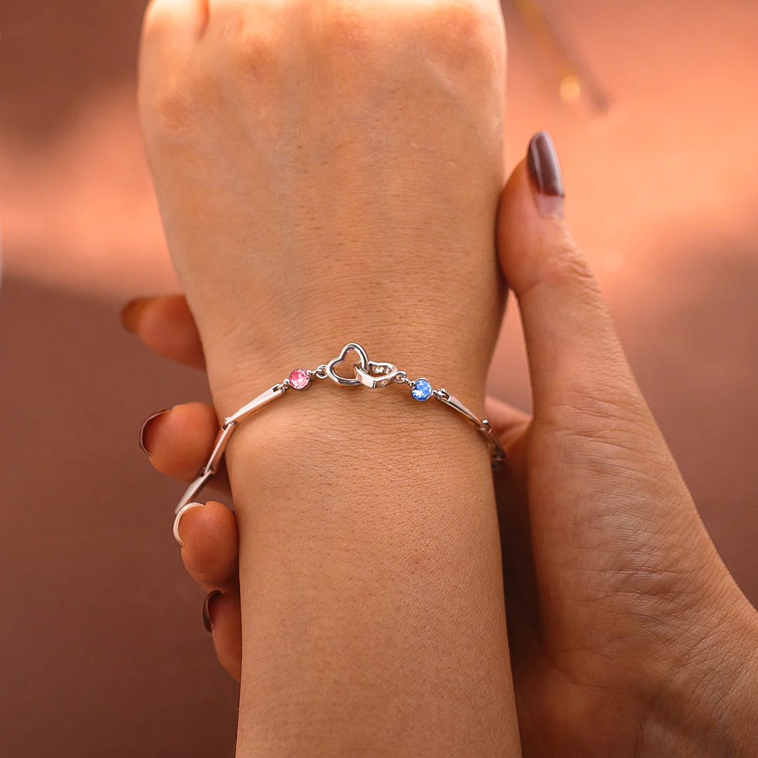S925 Grandma & Granddaughter Forever Linked Together Birthstone Custom Double Diamond Double Heart Bracelet - Image 2