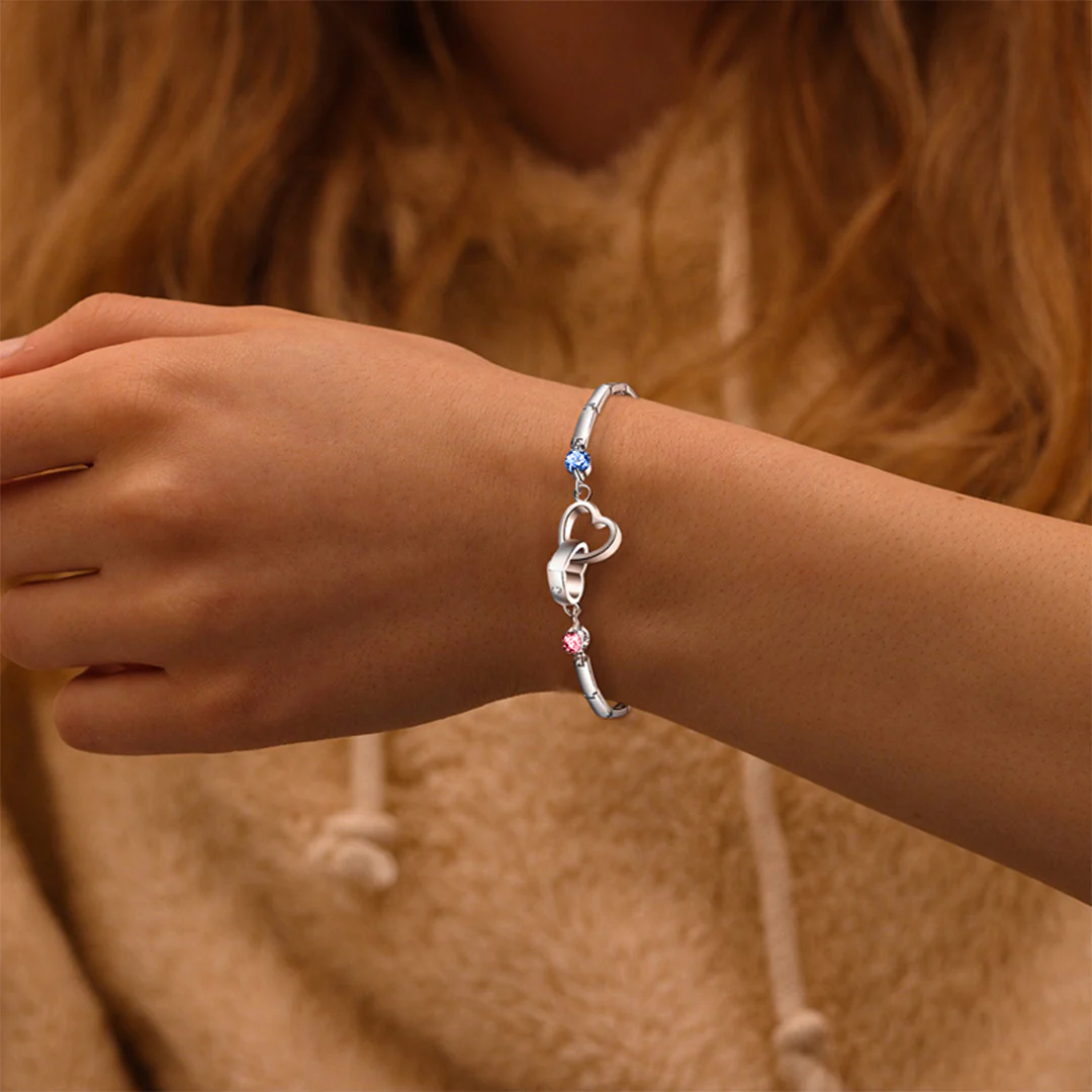 S925 Grandma & Granddaughter Forever Linked Together Birthstone Custom Double Diamond Double Heart Bracelet - Image 4
