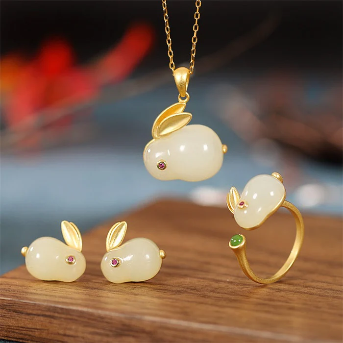 925 Sterling Silver Hetian Jade Lucky Rabbit Jewelry Set - Image 12
