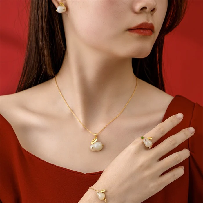 925 Sterling Silver Hetian Jade Lucky Rabbit Jewelry Set - Image 13