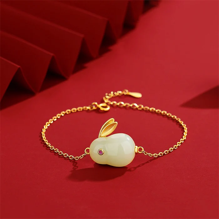 925 Sterling Silver Hetian Jade Lucky Rabbit Jewelry Set - Image 4