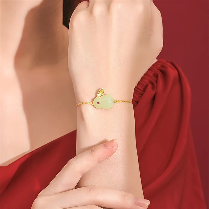 925 Sterling Silver Hetian Jade Lucky Rabbit Jewelry Set - Image 5