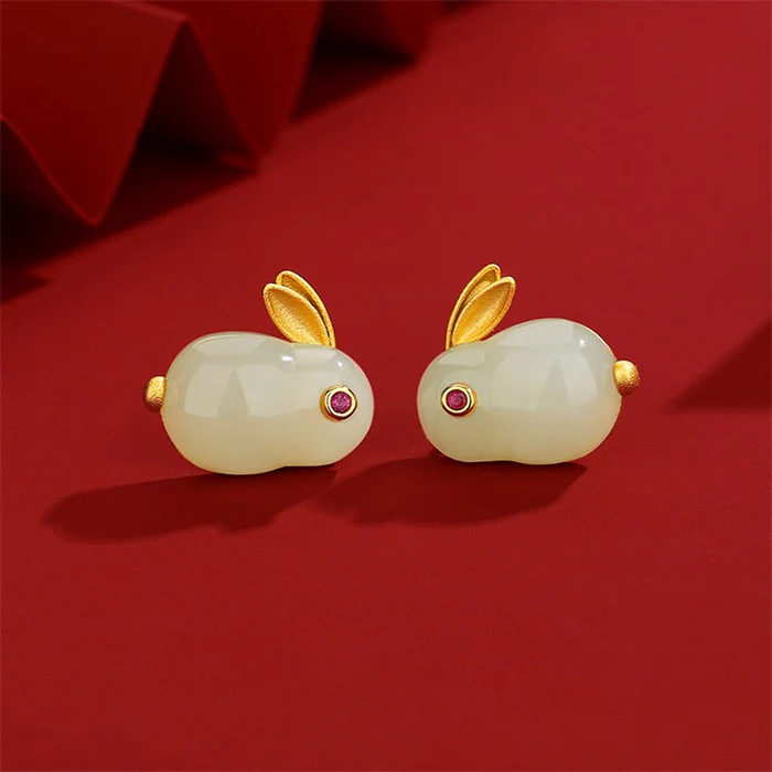 925 Sterling Silver Hetian Jade Lucky Rabbit Jewelry Set - Image 6