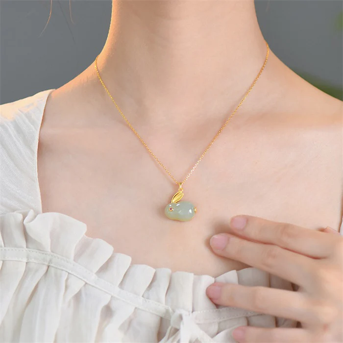 925 Sterling Silver Hetian Jade Lucky Rabbit Jewelry Set - Image 9