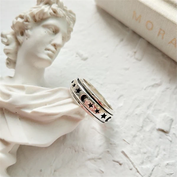 925 Sterling Silver Moon & Stars Spinning Anxiety Ring - Image 7