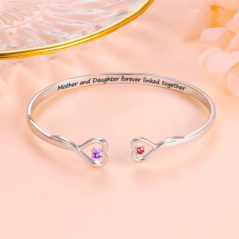 MOTHER AND DAUGHTER FOREVER LINK DOUBLE HEART CUSTOM BIRTHSTONE BRACELET - Image 5