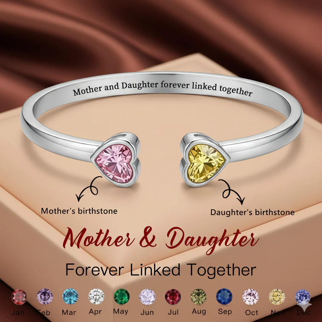 Mother&Daughter Double Heart Custom Birthstones Bracelet