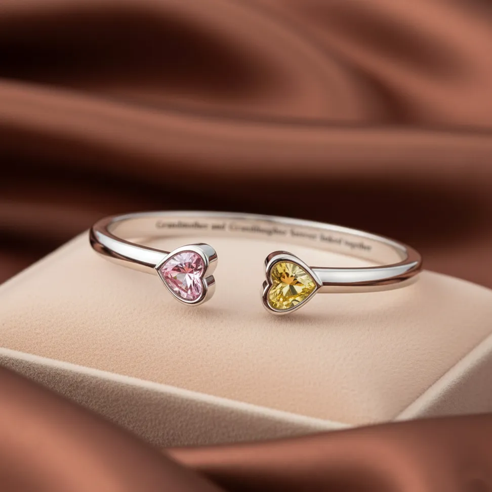 Mother&Daughter Double Heart Custom Birthstones Bracelet - Image 2