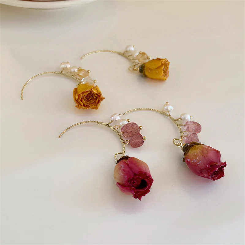 Pearl Dried Rose Flower Earrings - Image 10