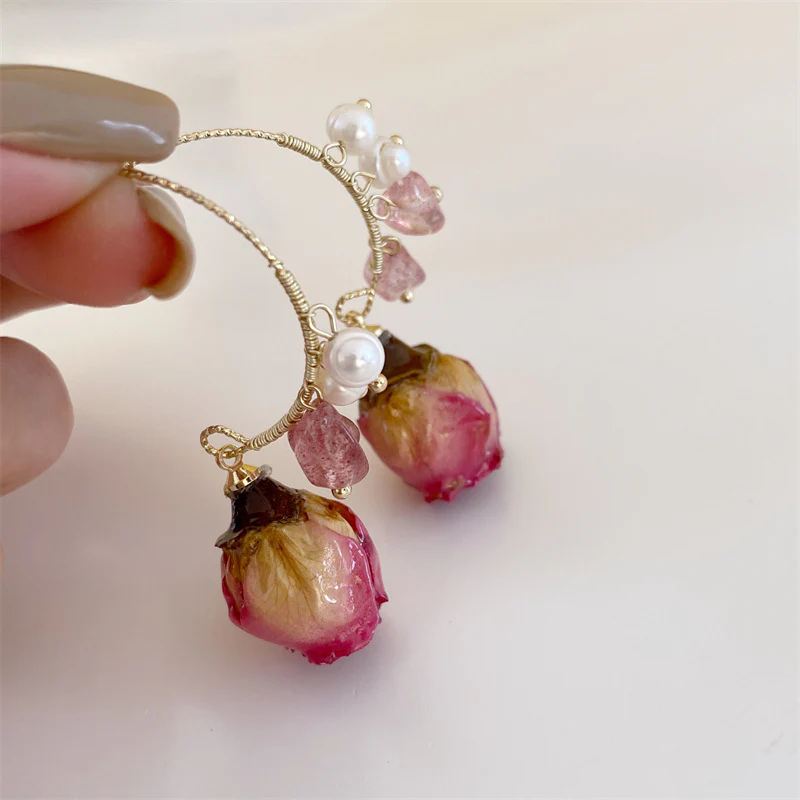 Pearl Dried Rose Flower Earrings - Image 4
