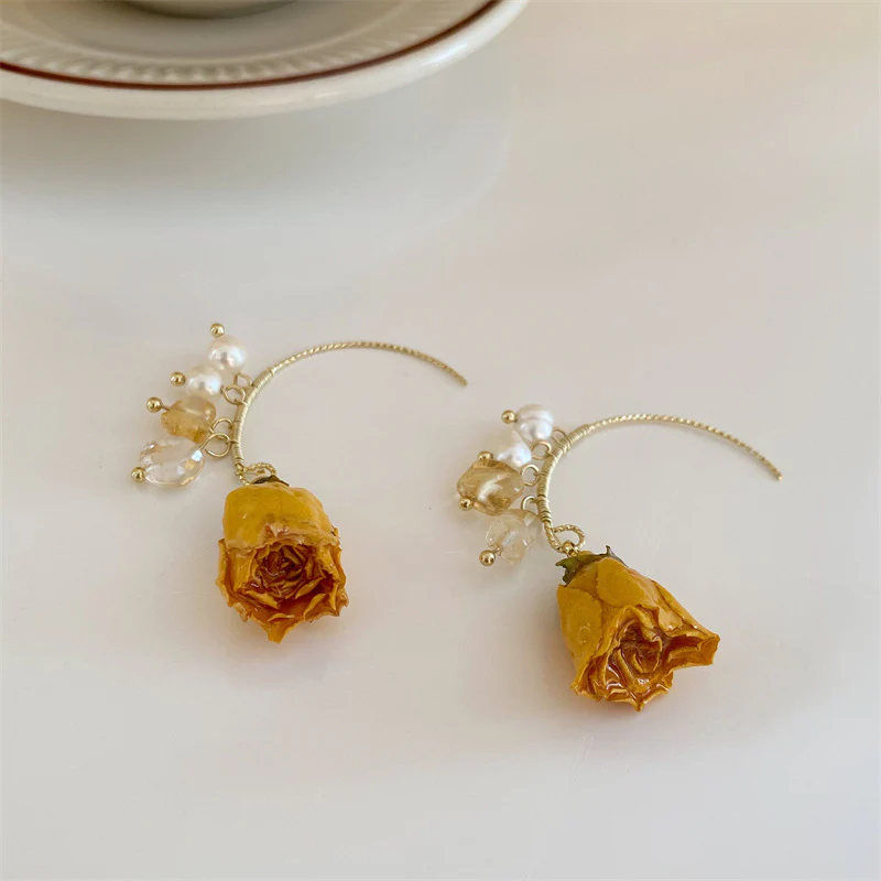 Pearl Dried Rose Flower Earrings - Image 5