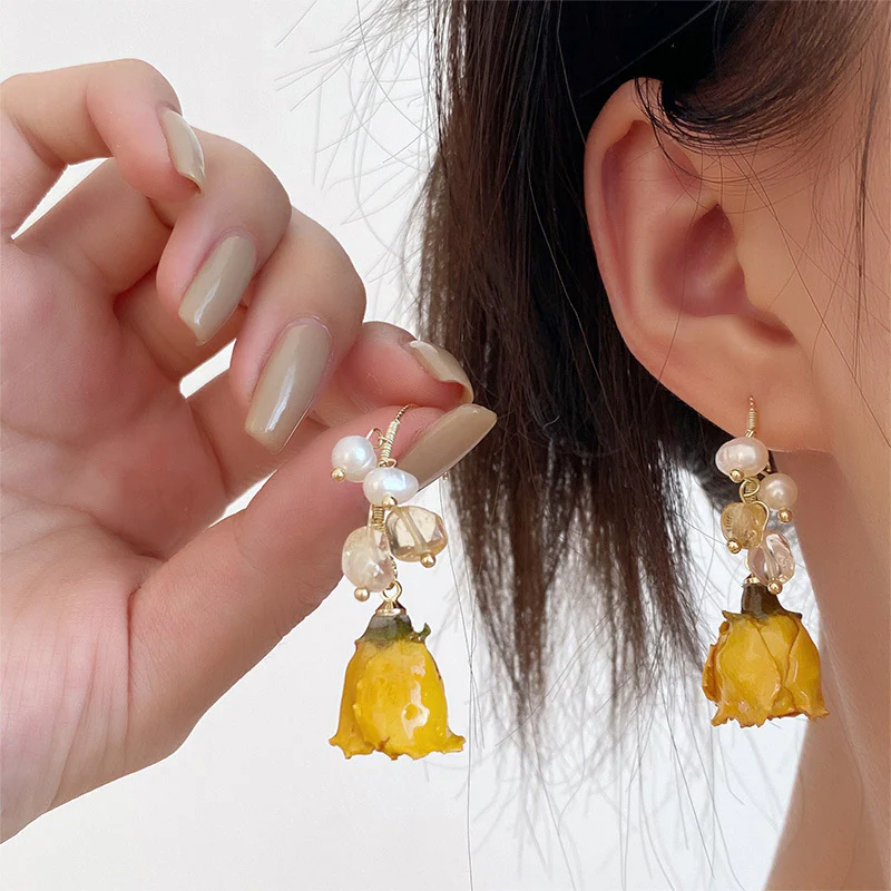 Pearl Dried Rose Flower Earrings - Image 6