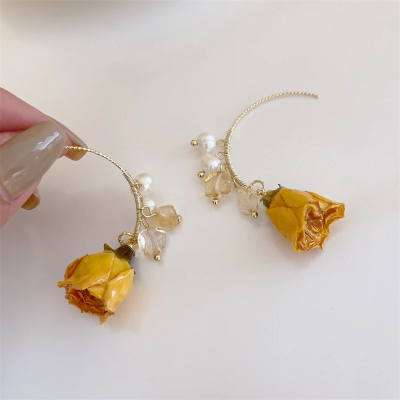 Pearl Dried Rose Flower Earrings - Image 8