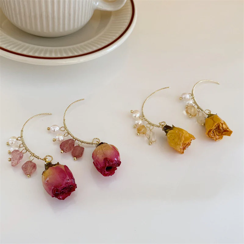Pearl Dried Rose Flower Earrings - Image 9