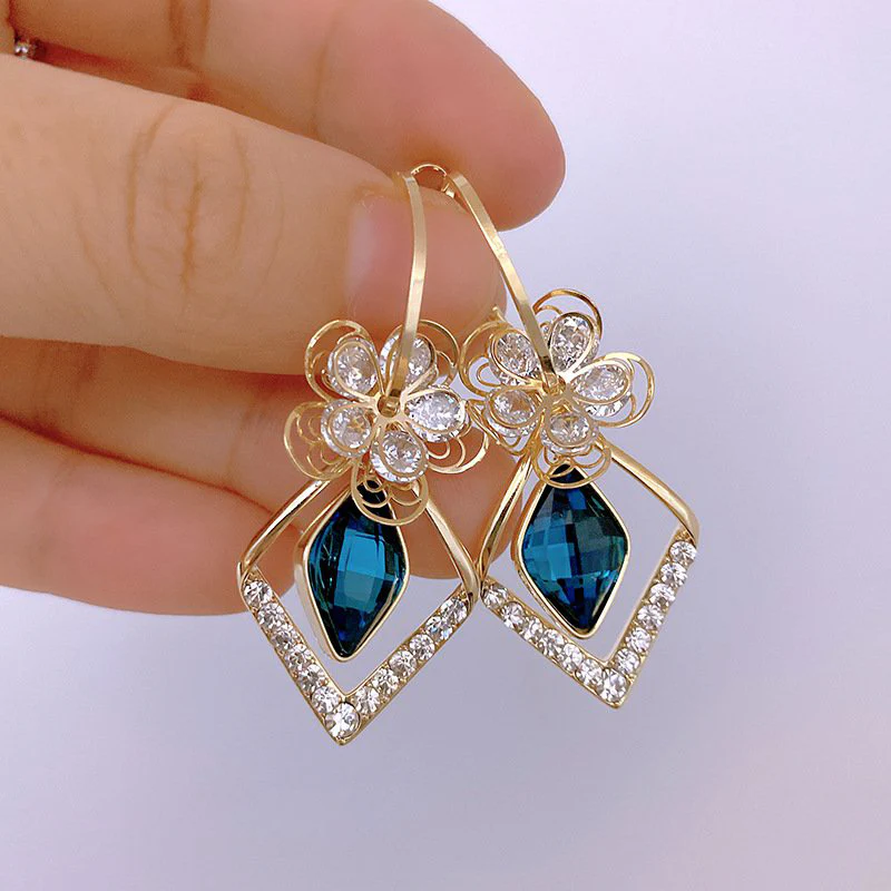 Flower Zircon Rhombic Sapphire Drop Earrings - Image 10