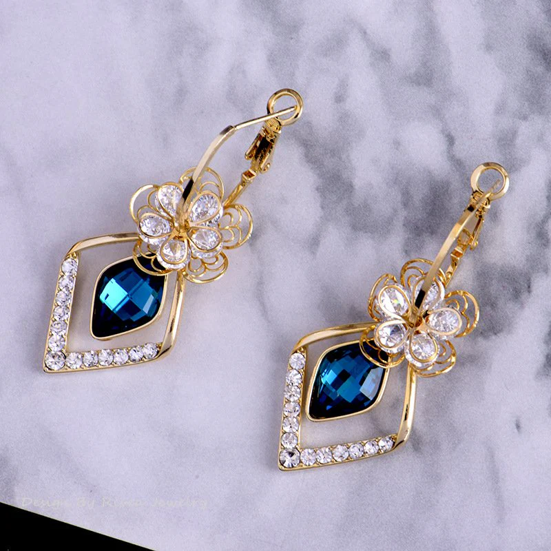 Flower Zircon Rhombic Sapphire Drop Earrings - Image 11