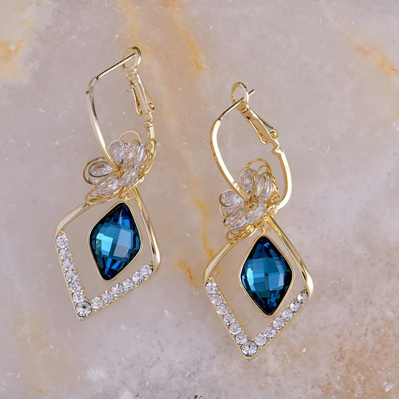 Flower Zircon Rhombic Sapphire Drop Earrings - Image 12