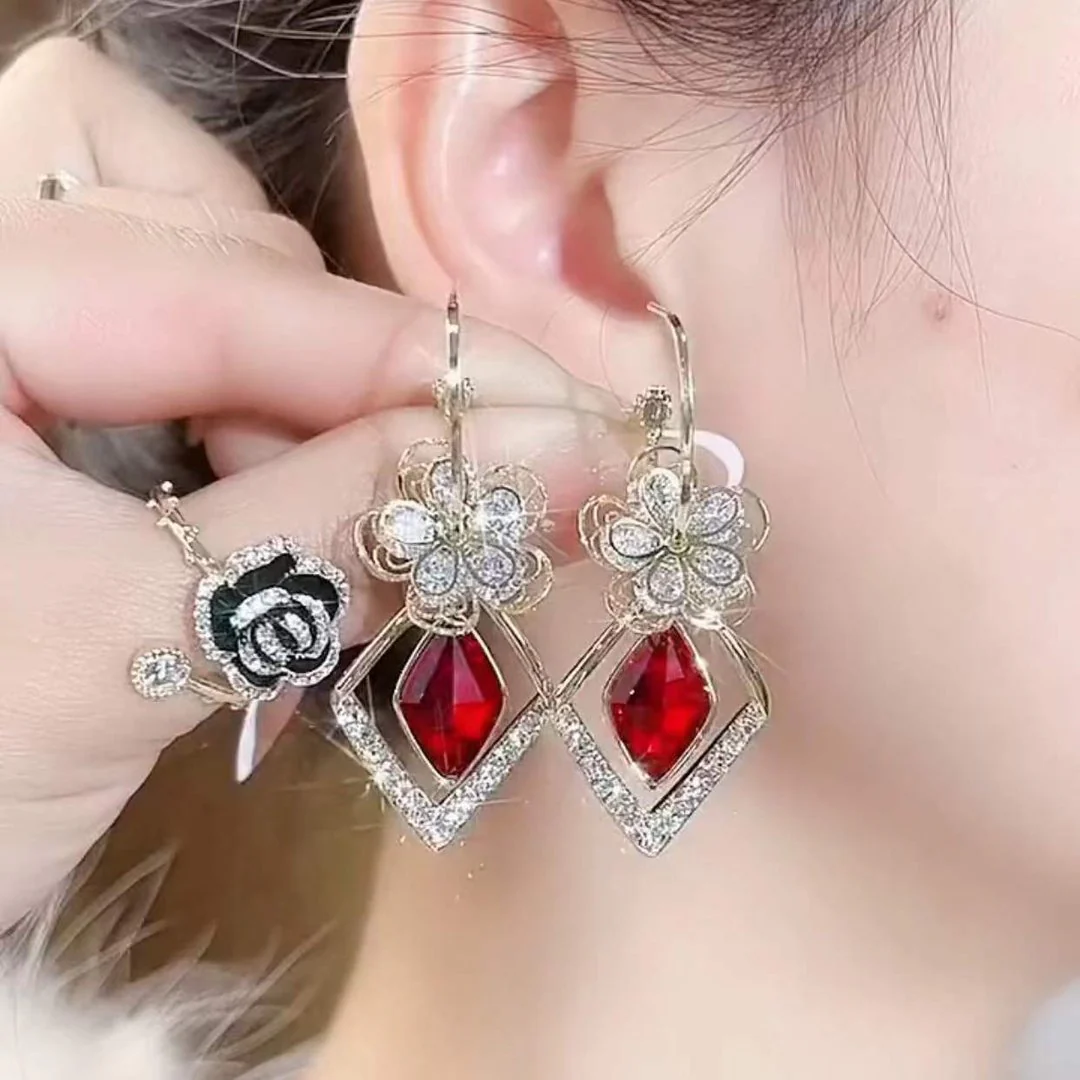 Flower Zircon Rhombic Sapphire Drop Earrings - Image 13