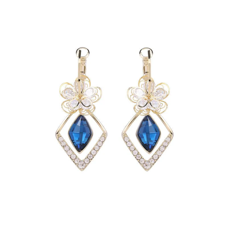 Flower Zircon Rhombic Sapphire Drop Earrings - Image 14