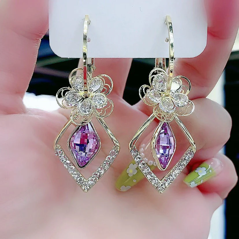 Flower Zircon Rhombic Sapphire Drop Earrings - Image 15