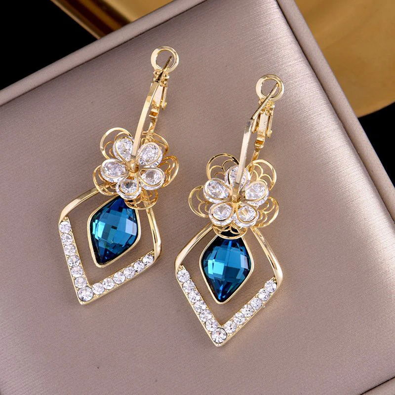 Flower Zircon Rhombic Sapphire Drop Earrings - Image 3