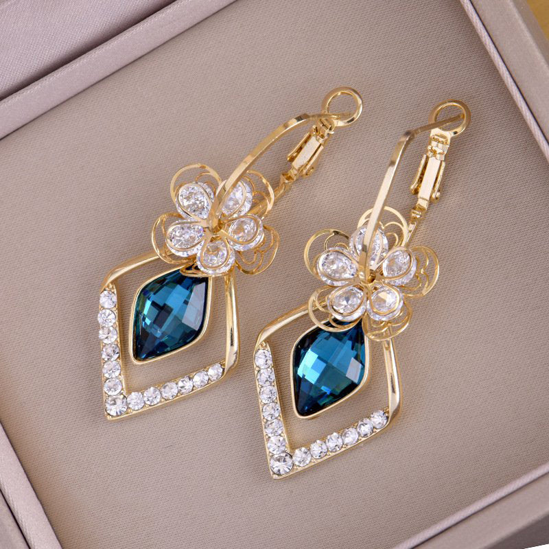 Flower Zircon Rhombic Sapphire Drop Earrings - Image 4
