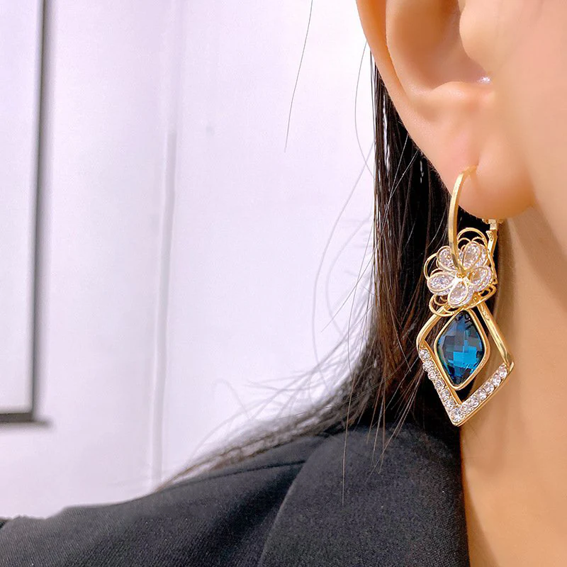 Flower Zircon Rhombic Sapphire Drop Earrings - Image 6