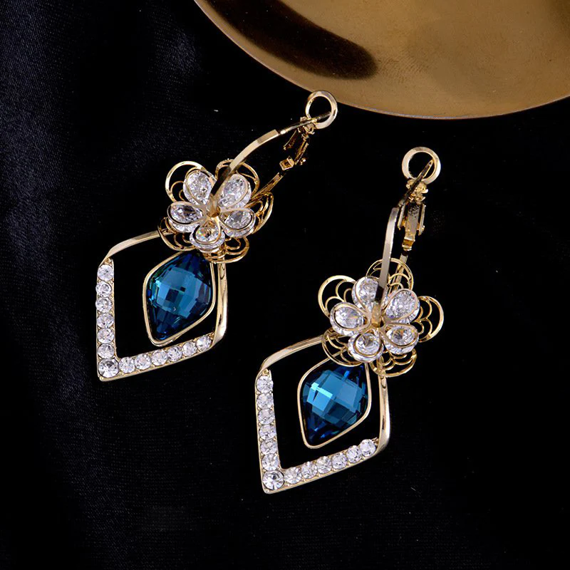 Flower Zircon Rhombic Sapphire Drop Earrings - Image 7