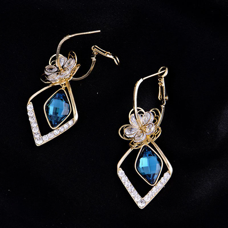 Flower Zircon Rhombic Sapphire Drop Earrings - Image 8
