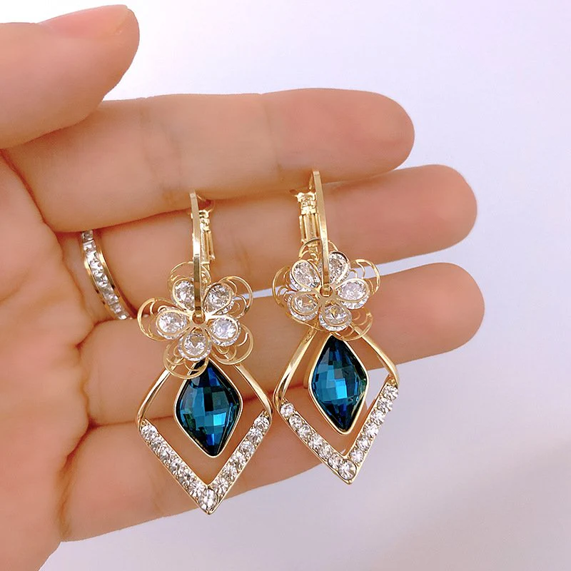 Flower Zircon Rhombic Sapphire Drop Earrings - Image 9
