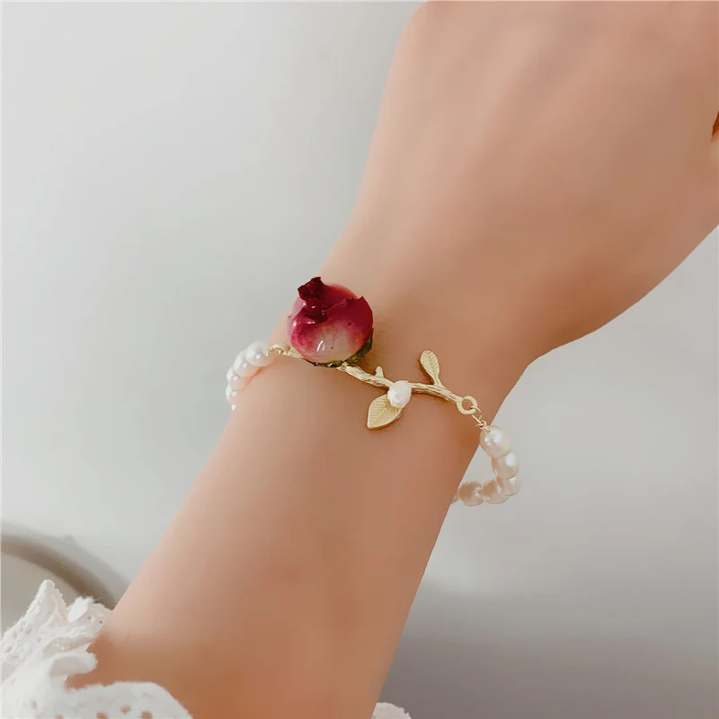 Branch Pearl Dried Rose Flower Bracelet Necklace - Image 3