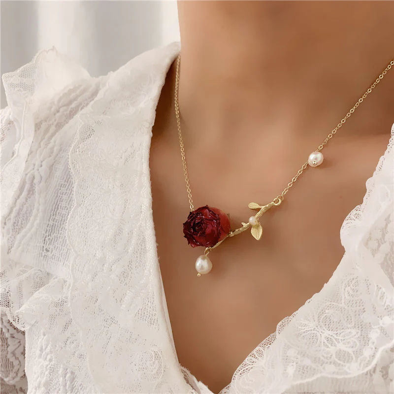 Branch Pearl Dried Rose Flower Bracelet Necklace - Image 5