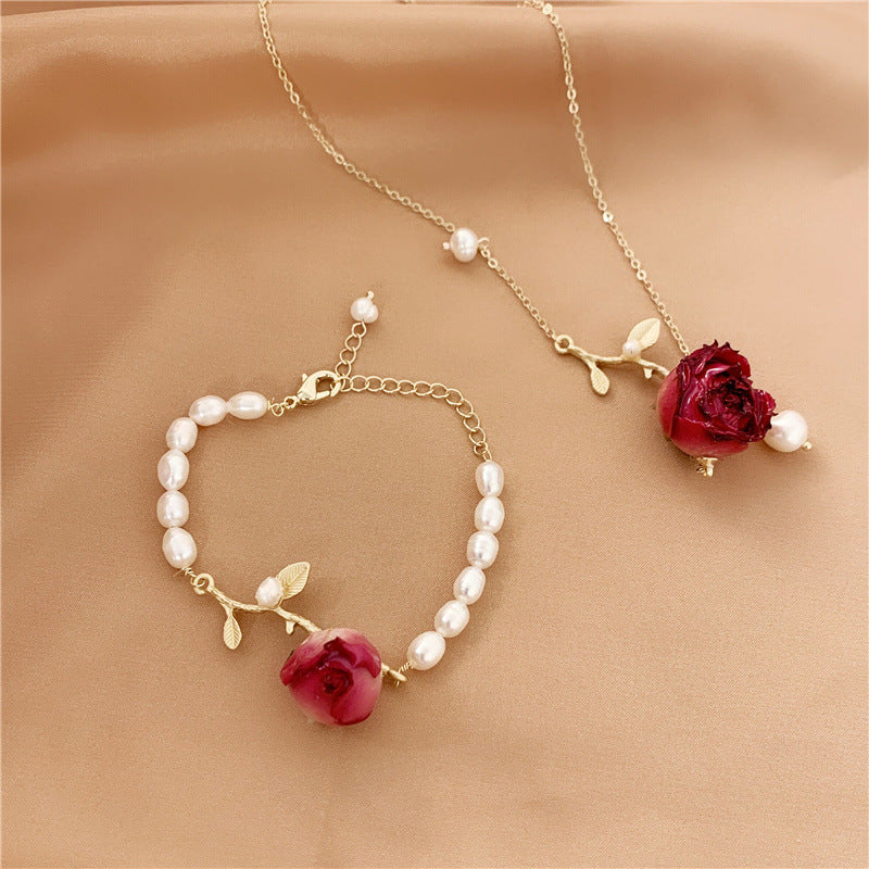 Branch Pearl Dried Rose Flower Bracelet Necklace - Image 7