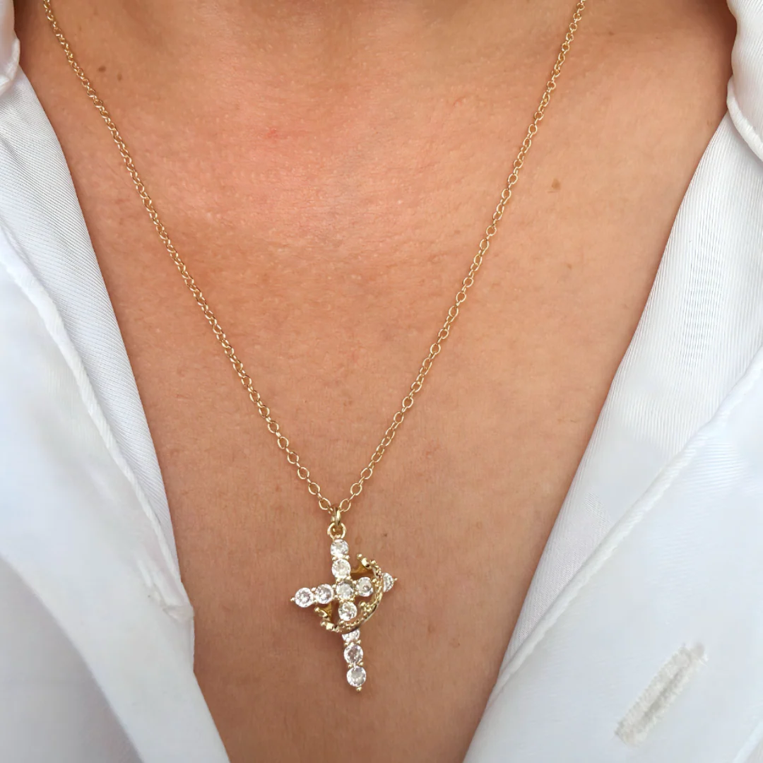 Paved Cross Rotated Crown Necklace - Image 2
