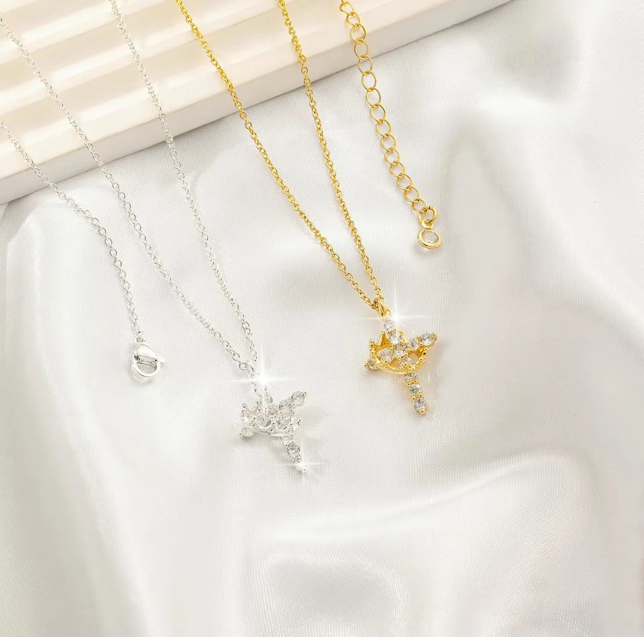 Paved Cross Rotated Crown Necklace - Image 8