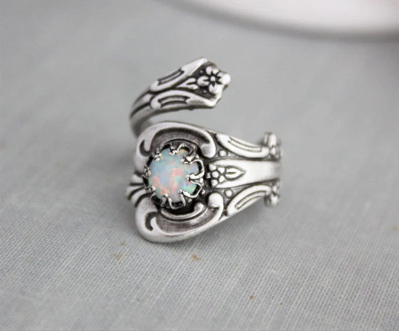 S925 STERLING SILVER WHITE OPAL SPOON RING - Image 3