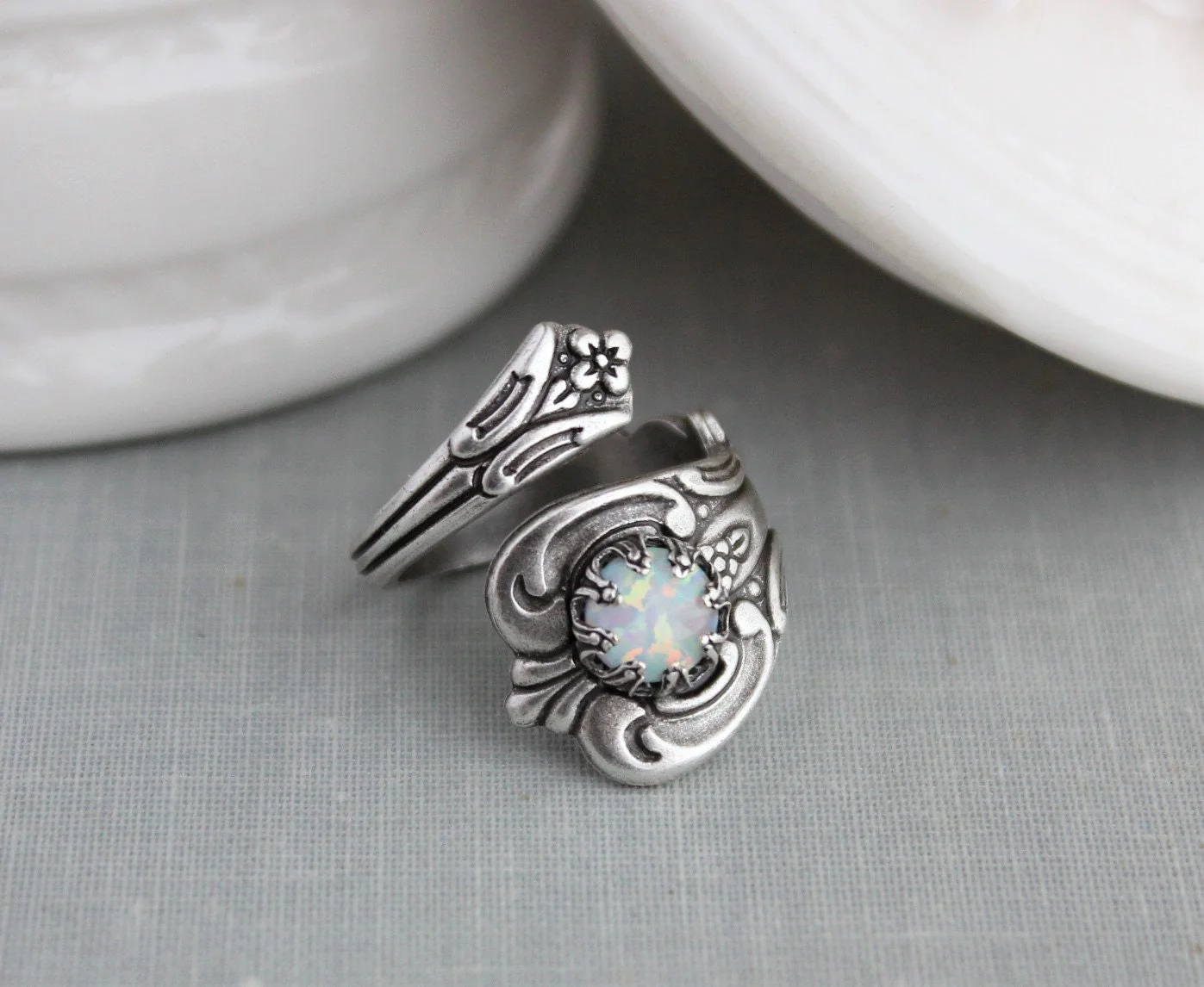 S925 STERLING SILVER WHITE OPAL SPOON RING - Image 4